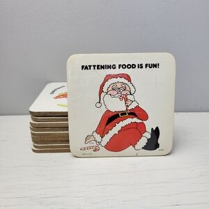 Vintage 1980s Brighton Christmas Coasters - Made in USA Funny Santa & Bear Cork